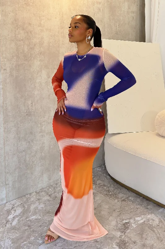 Your Wallet Will Thank You!Zen Print Mesh Long Sleeve Maxi Dress