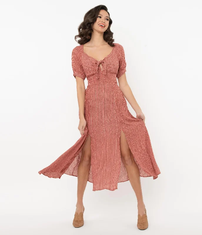 Hottest Discounts of the Year!1970s Style Brick Red & Ivory Stripe Midi Dress
