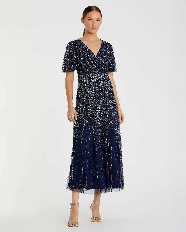 One Click Away from Big Savings!Beaded Wrap Over Butterfly Sleeve Column Dress