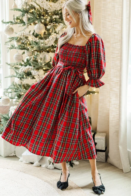 Score Big Savings Today!All I Want Red Tartan Plaid Midi Dress