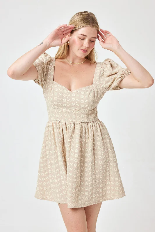 Exclusive Offers You’ll Love!Beige Embroidered Puff Sleeve Dress