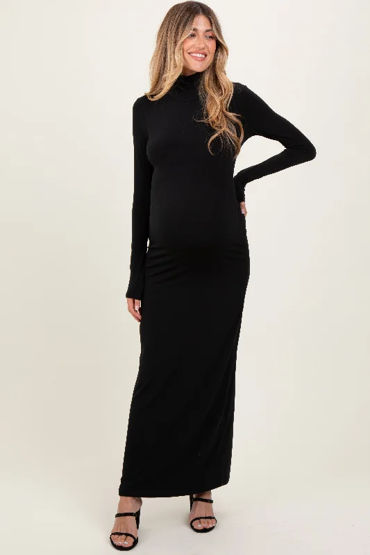 Best Offers of the Month!Black Turtleneck Long Sleeve Fitted Maternity Maxi Dress