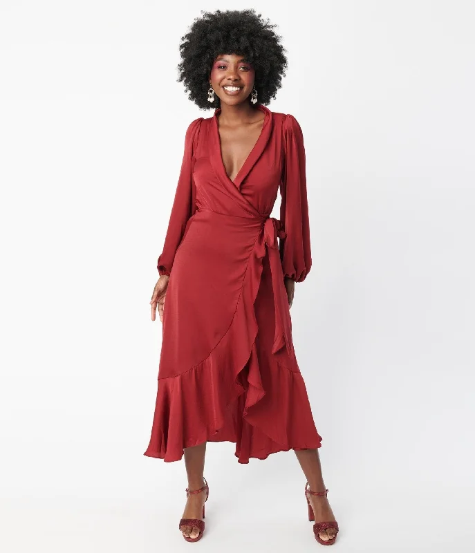 Buy More, Save More!Burgundy Ruffle Midi Wrap Dress
