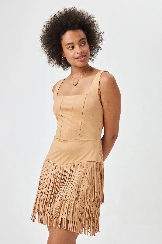 Don’t Wait – Shop Today!Caramel Suede Corset Tassel Dress