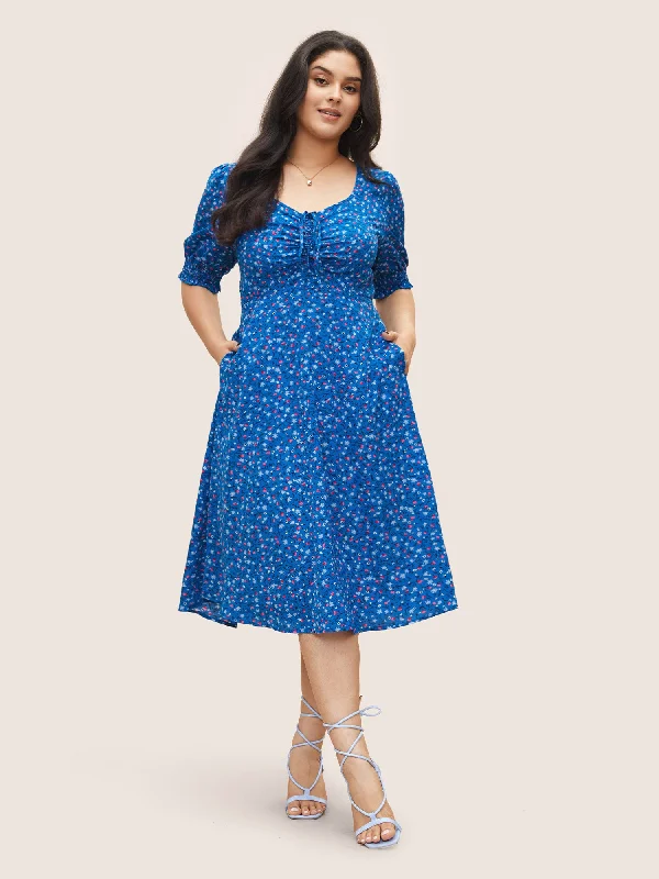 Find the Best Deals Here!Ditsy Floral Drawstring Shirred Cuffs Dress