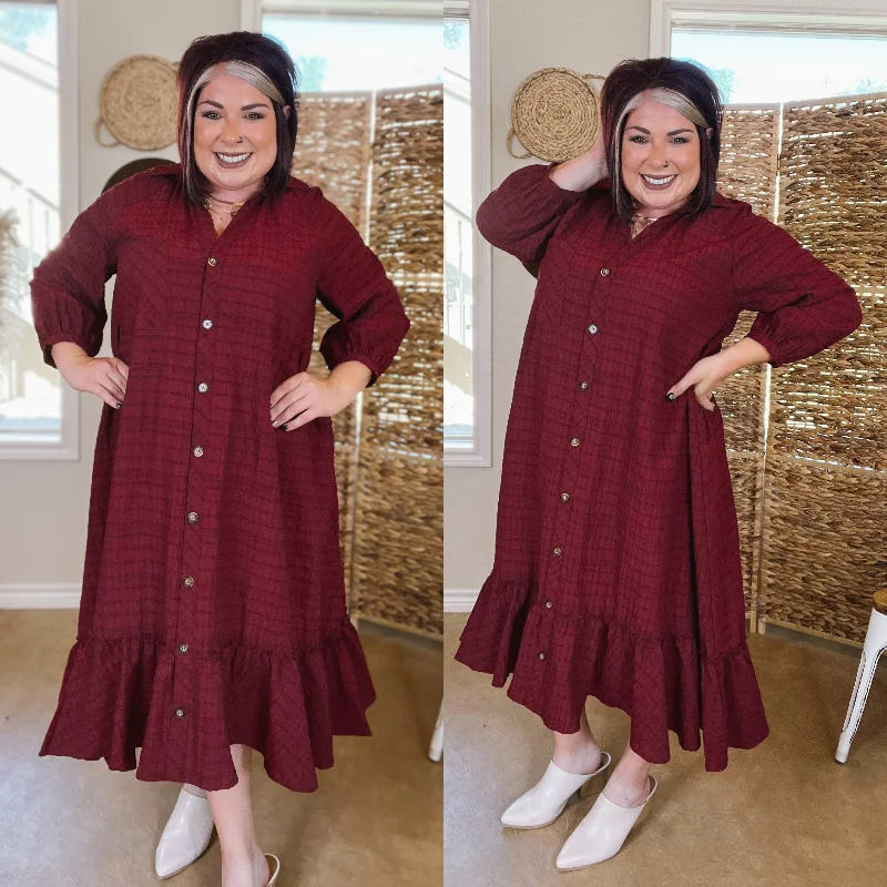 Bigger Savings, Better Shopping!Easy to Please Button Up Ruffle Hem Midi Dress in Maroon Plaid
