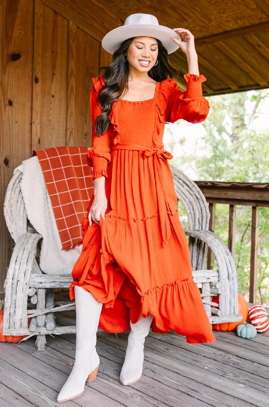 Enjoy Huge Discounts Now!Feel Your Love Rust Orange Ruffled Midi Dress
