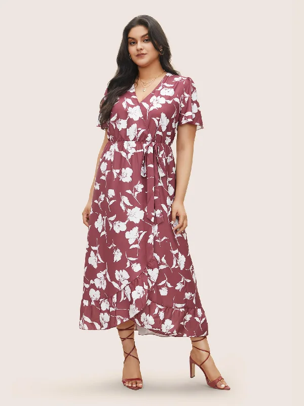 Time to Snag a Bargain!Floral Ruffle Knot Side Wrap Dress