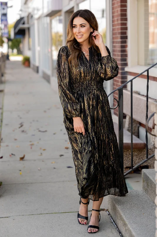 The Best Deals Won’t Wait!Foil Striped Long Sleeve Midi Dress