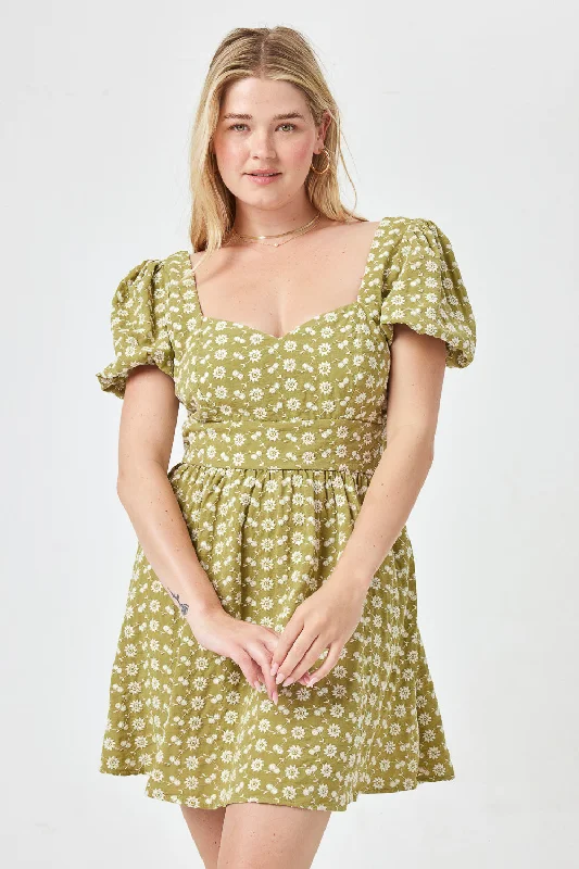 Special Discounts Inside!Green Embroidered Puff Sleeve Dress