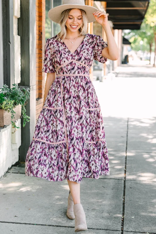 Score Huge Discounts Today!It's Time Purple Abstract Midi Dress