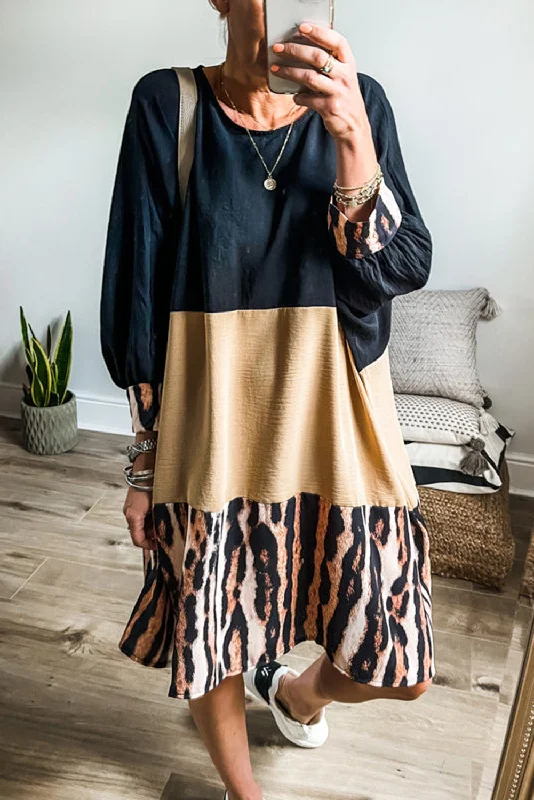 Shop More, Spend Less!Khaki Printed Tiger Stripe Colorblock Bishop Sleeve Mini Dress