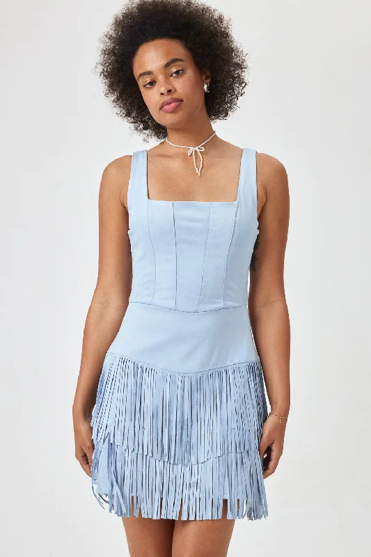Every Deal is a Steal!Light Blue Suede Corset Tassel Dress