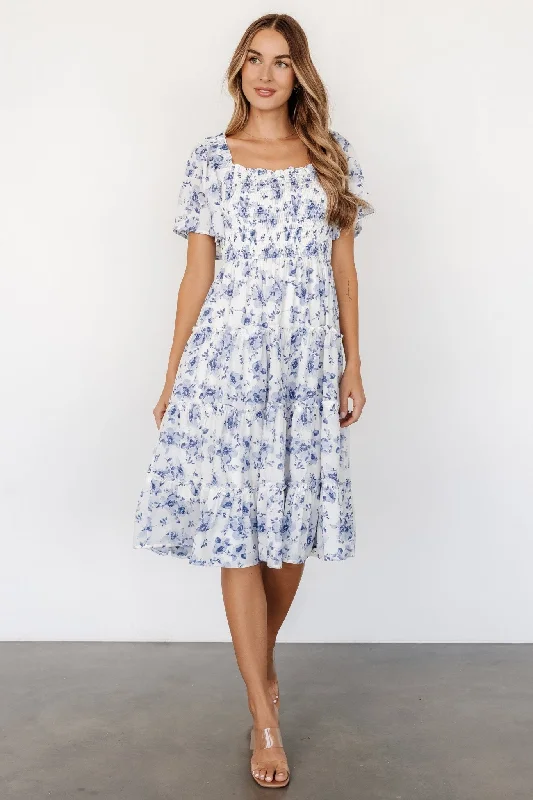 Massive Price Cuts!Lilla Tiered Midi Dress | Off-White + Blue Floral