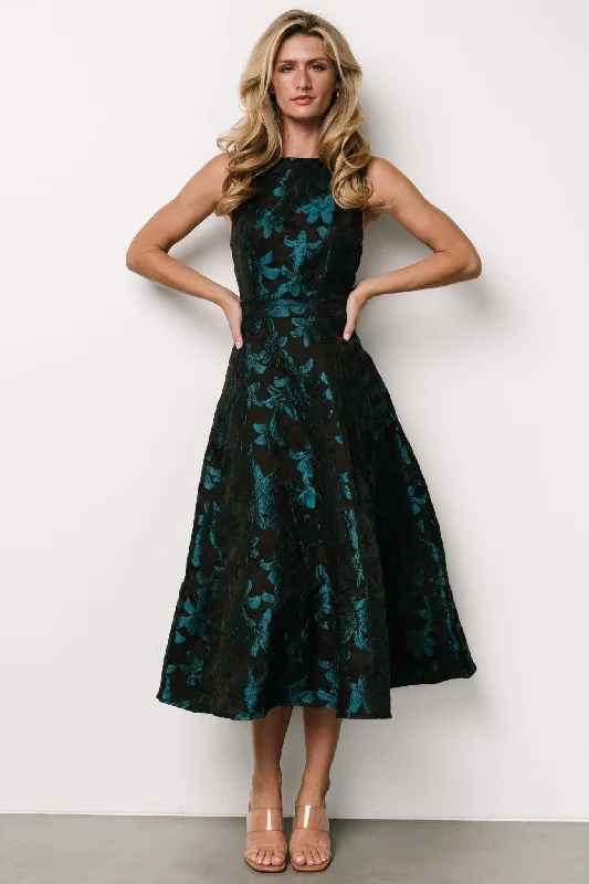 Unlock Huge Savings Now!Maren Embossed Midi Dress | Black + Teal Floral