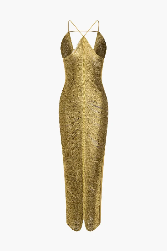 Seasonal Sale – Shop Now!Solid Fringe Cut Out Slit Midi Dress
