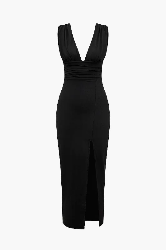 Shop More, Spend Less!Solid Backless Ruched Slit Midi Dress