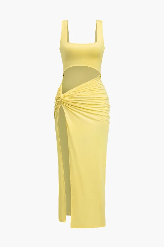 The Best Offers Are Here!Solid Twist Front Cut Out Slit Midi Dress