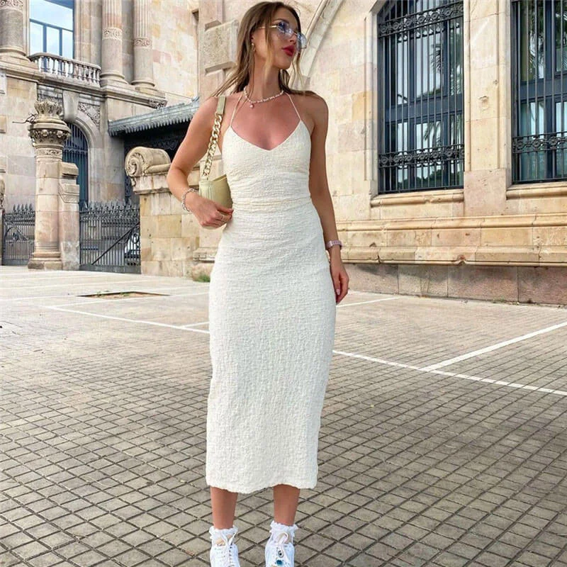 Get More, Spend Less – Shop Now!Sweet Textured Split Trim Low Back Sleeveless Halter Midi Dress - White