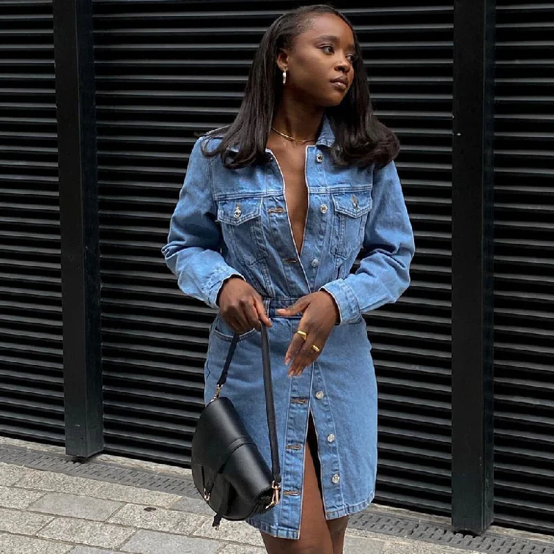 Save More Than Ever!Street Style Long Sleeve Denim Midi Dress - Blue