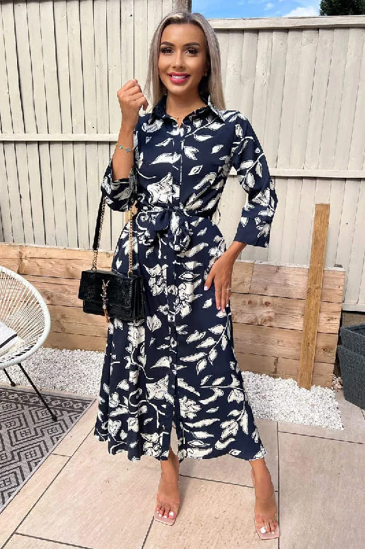 Get the Best for Less!Navy And White Floral Printed Midi Shirt Dress