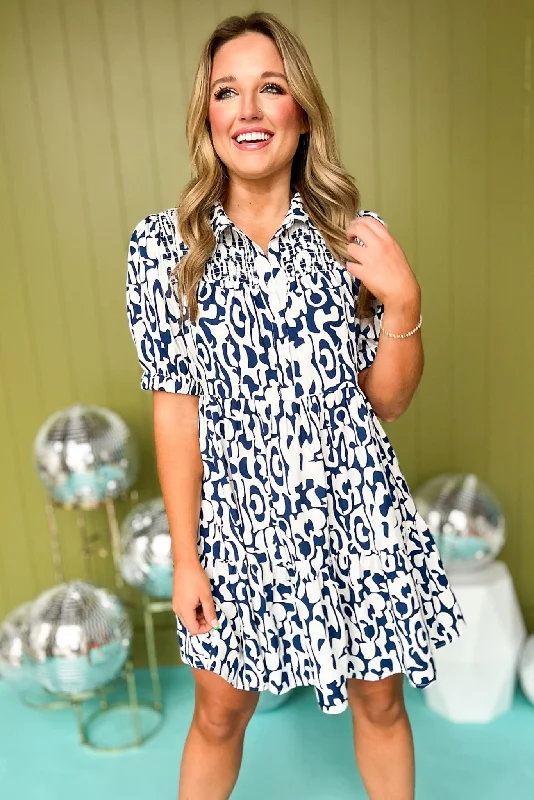 Great Deals, Just for You!Navy Print Collared Smocked Yoke Wide Ruffled Hemline Dress