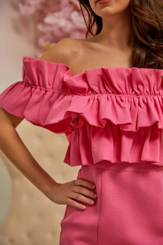 New Discounts Just Dropped!Off Shoulder Ruffle Doll Pink Dress