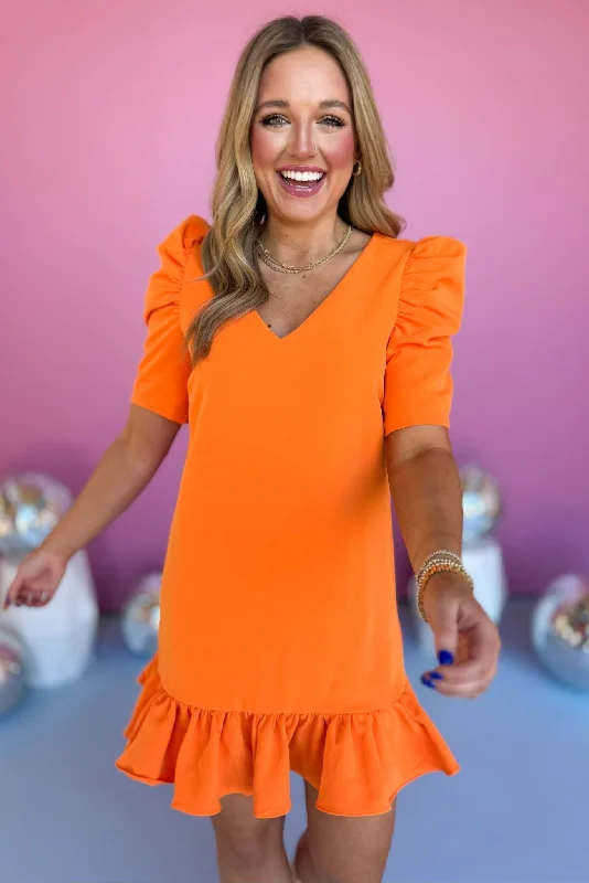 Special Discounts Inside!Orange V Neck Puff Sleeve Ruffle Hem Dress