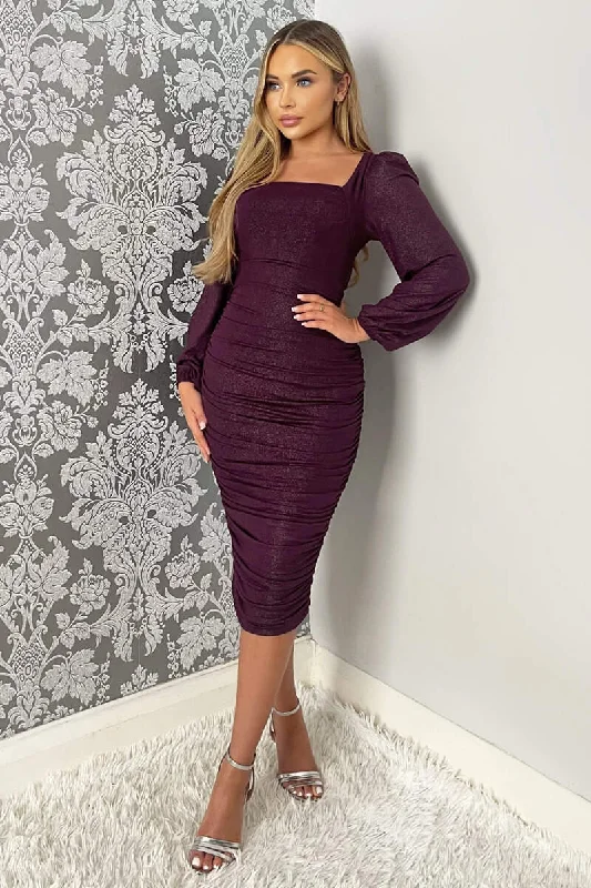Flash Deals – Act Quickly!Plum Square Neck Long Sleeve Ruched Shimmer Midi Dress