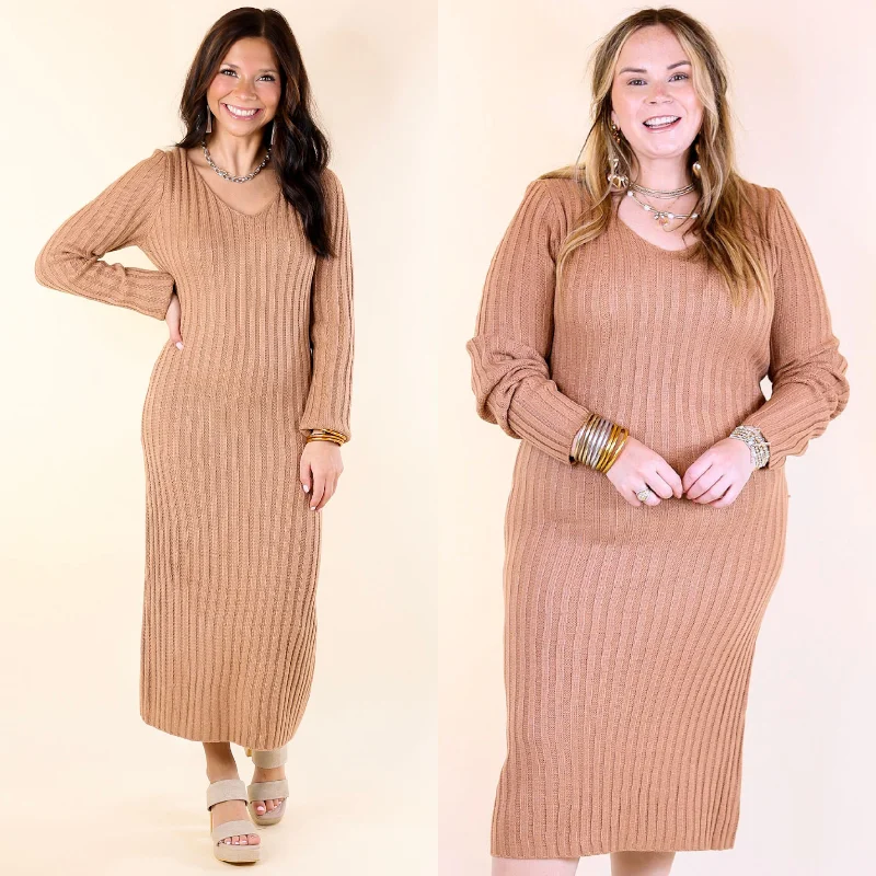 Your Shopping Wish, Our Discount Command!Pumpkin Spice Weather V Neck Midi Sweater Dress in Clay Nude