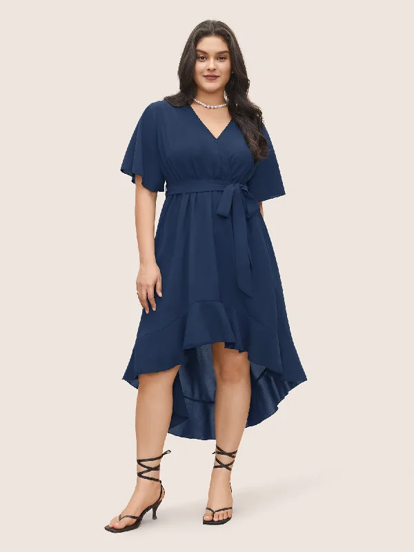 Don’t Wait – Deals Won’t Last!Bloom Dress - Solid Tie Surplice Ruffle High Low Dress