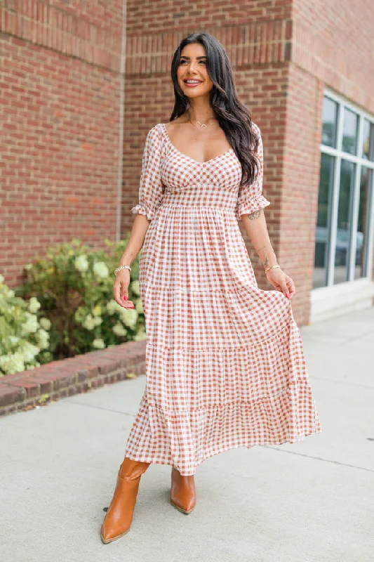 Incredible Savings Inside!Thankful For You Rust Gingham Puff Sleeve Midi Dress
