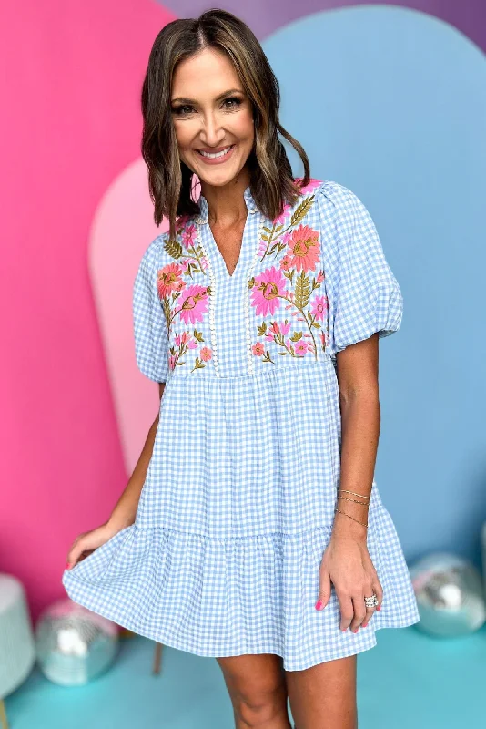 Crazy Discounts Inside!THML Blue Gingham Embroidered Detail Dress