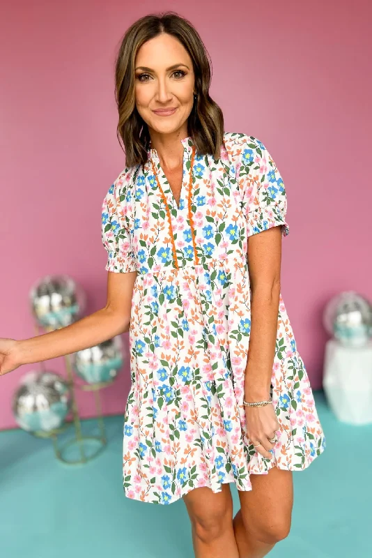 Huge Savings – Act Now!THML White Frill V Neck Smocked Short Sleeve Floral Dress