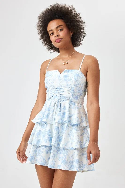 More Discounts, More Joy!White Blue Floral Lace Up Front Dress