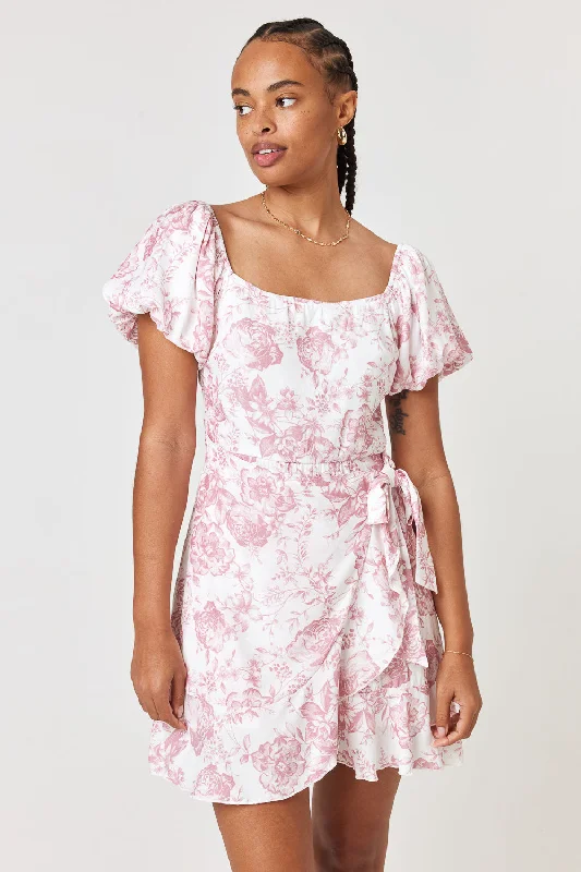 Best Offers of the Month!White Pink Floral Puff Sleeve Wrap Dress