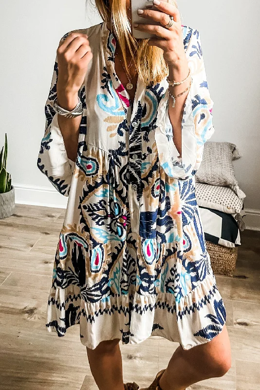 Save More Than Ever!White Printed Tribal Bracelet Sleeve Buttoned Mini Dress