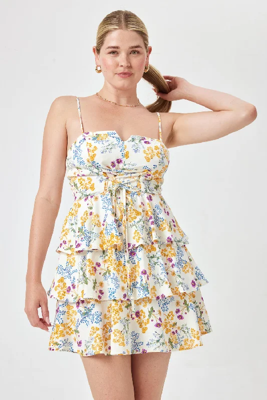 Limited Time Offer!White Yellow Multi Floral Lace Up Front Dress